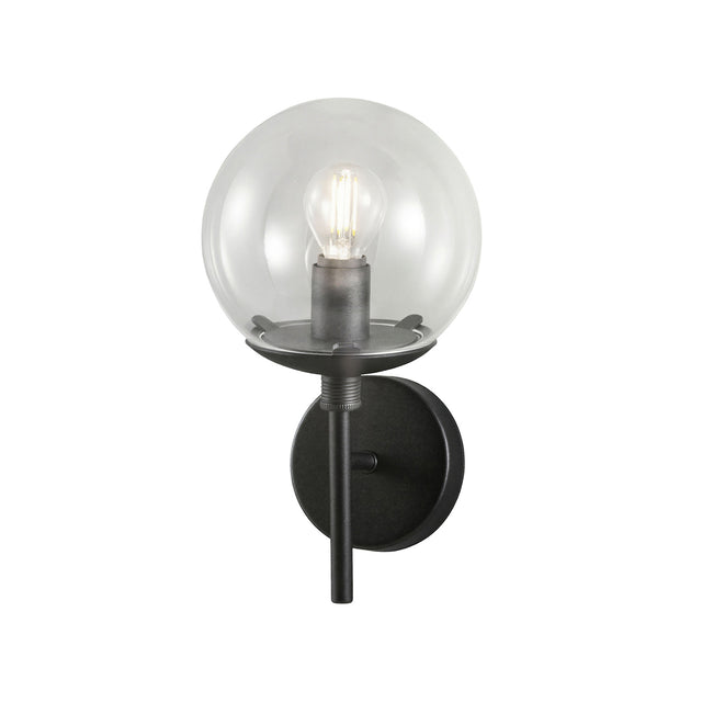 Global 1 Light Wall Light 15cm with clear round glass globe shade, exposed bulb, and black metal stem and backplate on a plain white background.