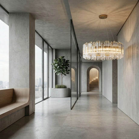 A modern, minimalist hallway with large windows, a wooden bench, potted plant, glass partitions, and a luxury touch—the Allora 12 Light Crystal Chandelier in Gold. Stairs ascend through an arched doorway at the hall’s end.