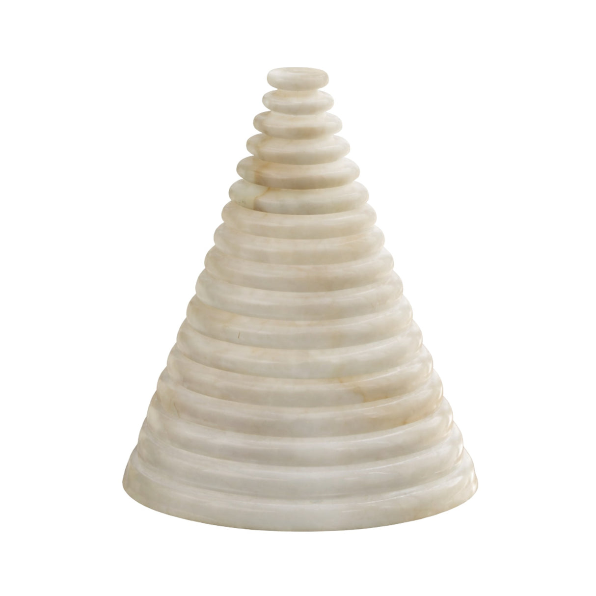 The Virelle LED Pyramid Alabaster Table Lamp in soft white features a cone-shaped design of stacked, rounded disks tapering upwards, elegantly displayed against a plain white background.