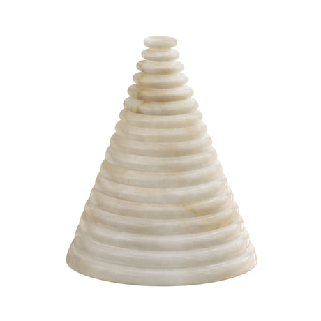 The Virelle LED Pyramid Alabaster Table Lamp in soft white features a cone-shaped design of stacked, rounded disks tapering upwards, elegantly displayed against a plain white background.