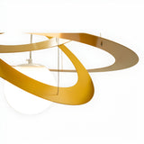 The Universe Dimmable LED Suspension Light - Matte Gold features intertwining metallic bands in a sleek matte gold finish surrounding a central white sphere, set against a clean white background. Its minimalistic and contemporary design, combined with dimmable LED technology, exudes elegance and sophistication.