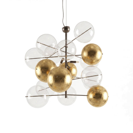 Atom 6 Light Globe Glass Chandelier in chrome, with clear and gold blown-glass bubbles on angled metal rods, shown on a plain white background.