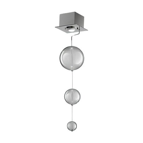 Bolero Bubble Glass Pendant Light with square chrome ceiling canopy and three graduated clear glass globes on a slim rod, shown on a plain white background.