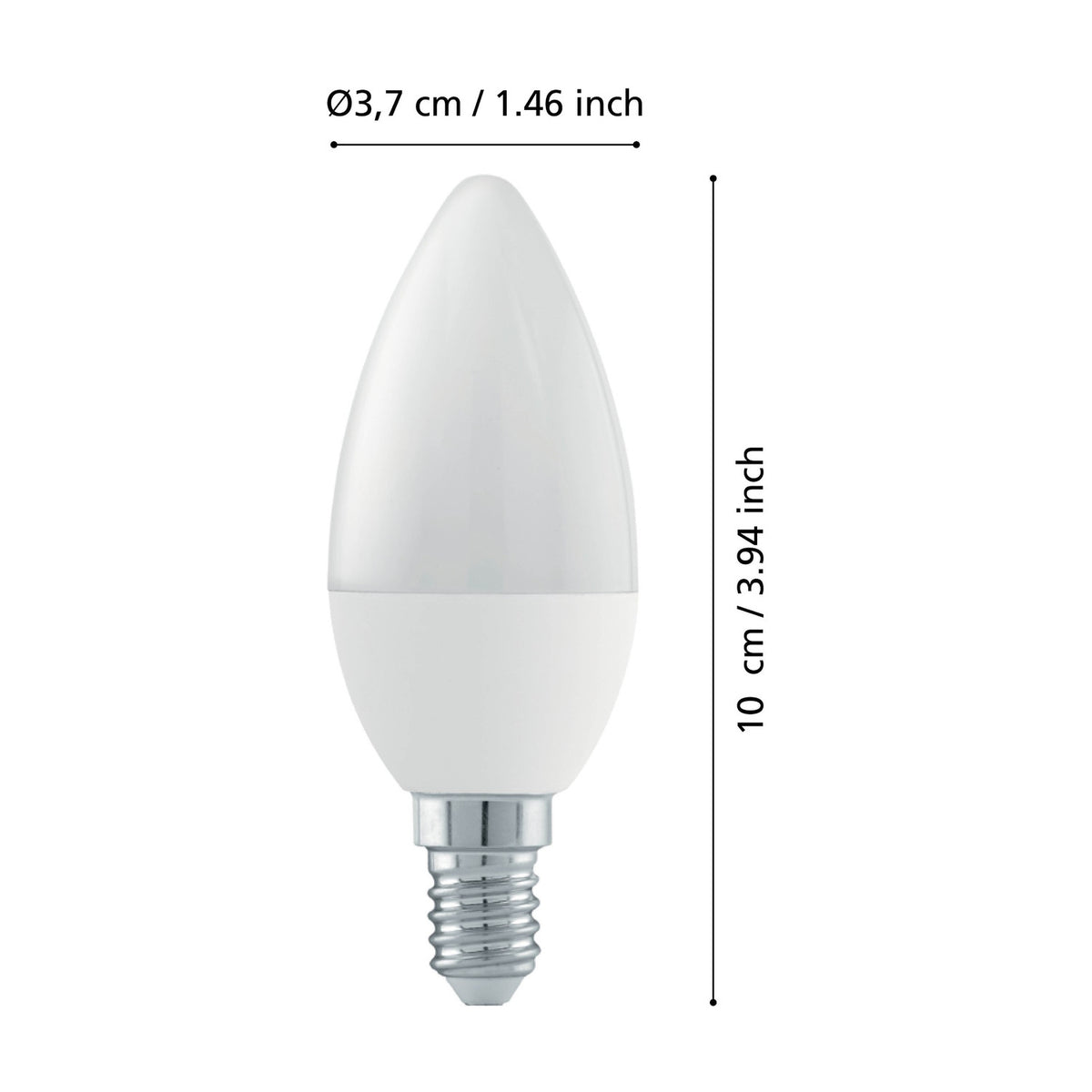 Candle-shaped LED bulb with opal plastic finish and silver E14 screw cap, shown with dimension labels Ø3.7cm and 10cm length on a white background.