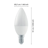 Candle-shaped LED bulb with opal plastic finish and silver E14 screw cap, shown with dimension labels Ø3.7cm and 10cm length on a white background.