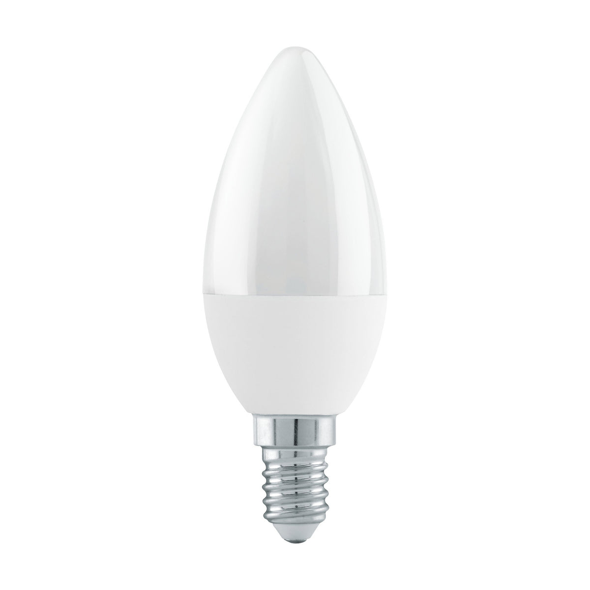 Candle-shaped LED bulb with opal plastic shade and silver E14 screw cap, 4.9W dimmable, warm white 3000K, shown on a plain white background.