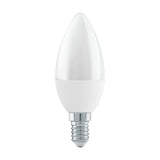 Candle-shaped LED bulb with opal plastic shade and silver E14 screw cap, 4.9W dimmable, warm white 3000K, shown on a plain white background.