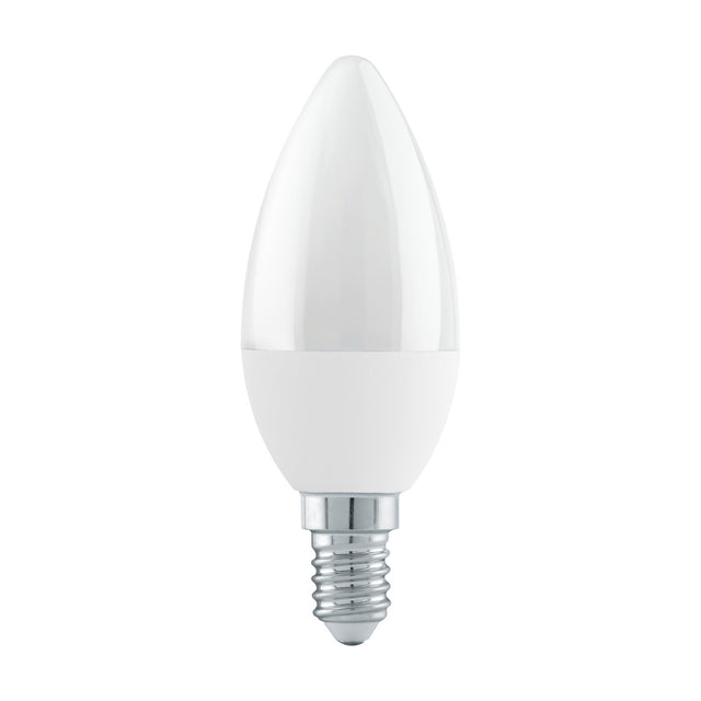 Candle-shaped LED bulb with opal plastic shade and silver E14 screw cap, 4.9W dimmable, warm white 3000K, shown on a plain white background.