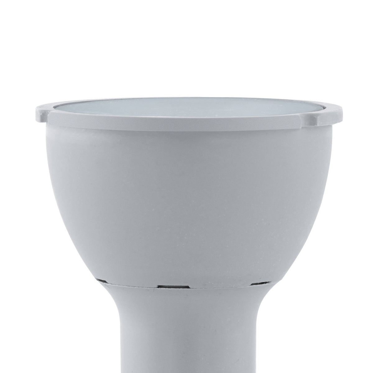 Close-up of a GU10 LED bulb with a frosted front lens and white to silver-grey plastic reflector body, shown against a plain white background.
