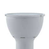 Close-up of a GU10 LED bulb with a frosted front lens and white to silver-grey plastic reflector body, shown against a plain white background.