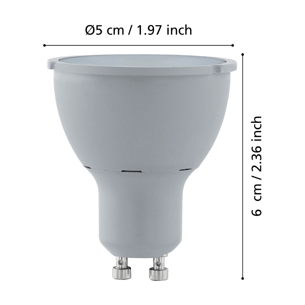GU10 LED bulb with grey-white plastic body, frosted lens and two-pin cap, shown with Ø5cm and 6cm dimension labels on a white background.