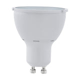 GU10 LED light bulb with white reflector body, frosted front lens, and two-pin GU10 cap, shown upright on a plain white background.