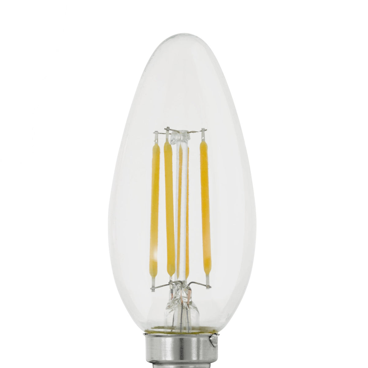 LED candle bulb E14 with clear glass body and four visible filament strips, silver screw cap, dimmable, 4.5W warm white, on a plain white background.