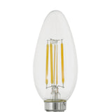 LED candle bulb E14 with clear glass body and four visible filament strips, silver screw cap, dimmable, 4.5W warm white, on a plain white background.