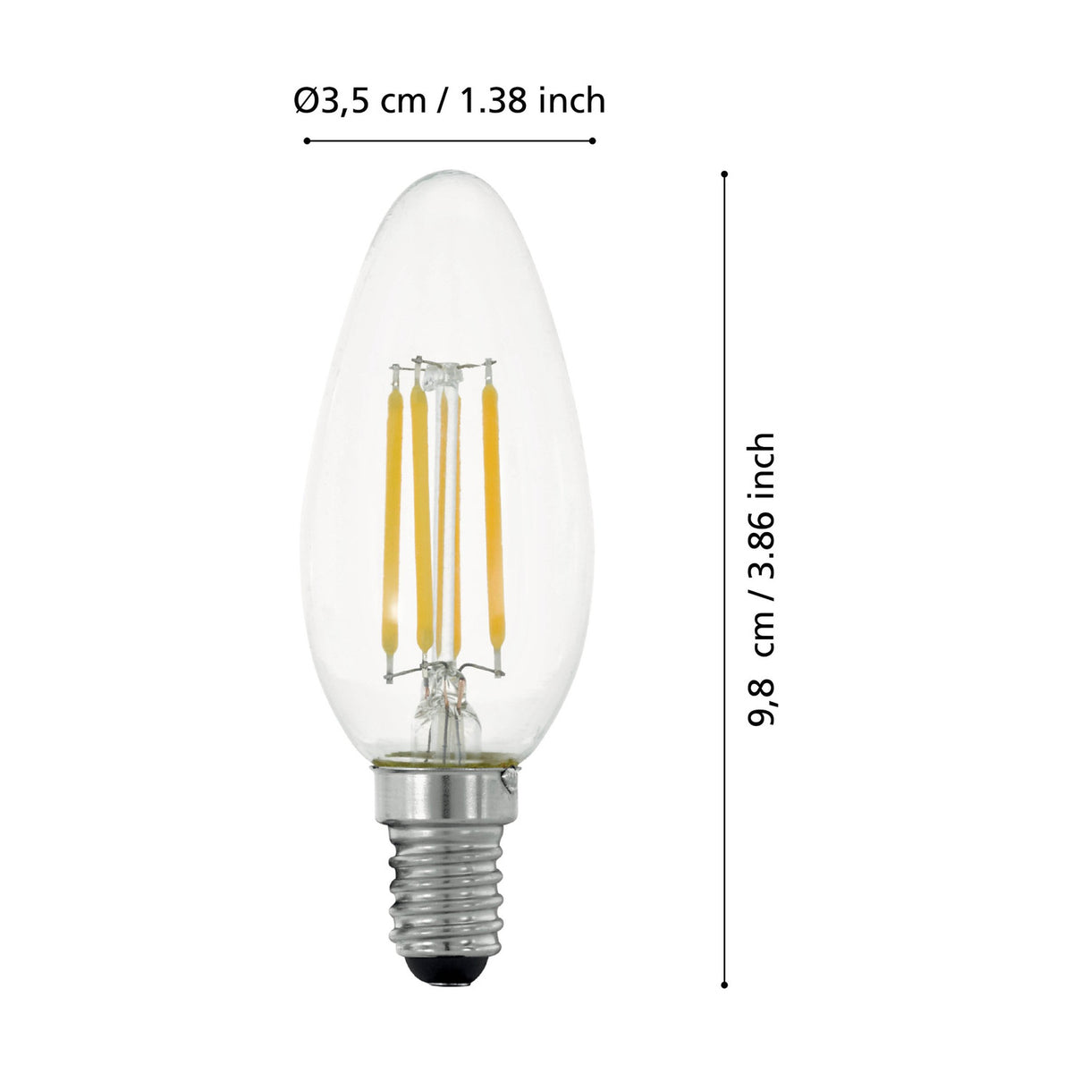 Dimmable LED candle bulb, E14, C35, with clear glass and four visible filaments on a silver screw cap, shown with size labels Ø3.5cm and 9.8cm on a white background.