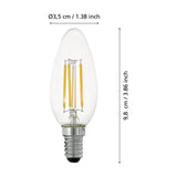 Dimmable LED candle bulb, E14, C35, with clear glass and four visible filaments on a silver screw cap, shown with size labels Ø3.5cm and 9.8cm on a white background.