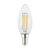 Dimmable LED candle bulb with clear glass C35 shape and four visible filaments, E14 screw cap, 4.5W, 470lm warm white, shown on a plain white background.