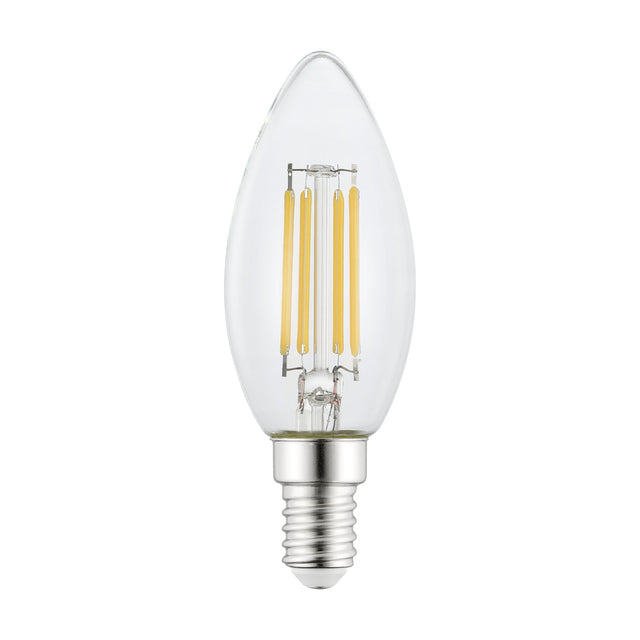 Dimmable LED candle bulb with clear glass C35 shape and four visible filaments, E14 screw cap, 4.5W, 470lm warm white, shown on a plain white background.