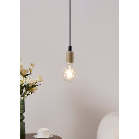 Pendant light with 3 step dimmable LED G95 globe bulb, clear glass, E27 fitting, warm white glow, shown above a side table with flowers.