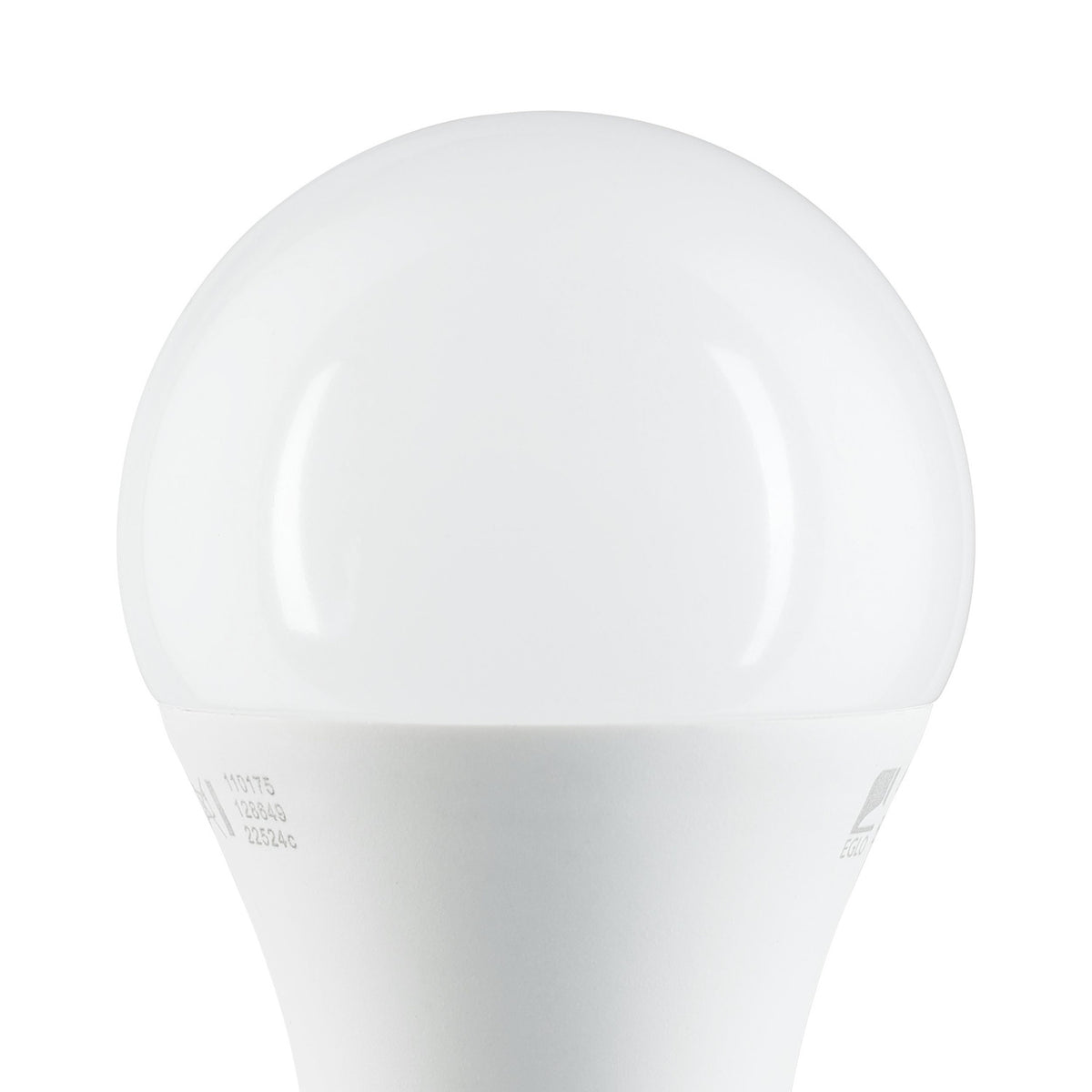 Close-up of a GLS LED bulb in classic pear shape with opal plastic dome and E27 screw cap, shown against a plain white background.