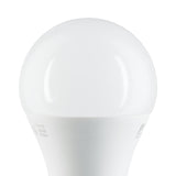 Close-up of a GLS LED bulb in classic pear shape with opal plastic dome and E27 screw cap, shown against a plain white background.