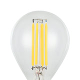 Close-up of a clear glass golf ball LED bulb with four upright yellow-toned filament strips and E14 screw cap, shown against a plain white background.