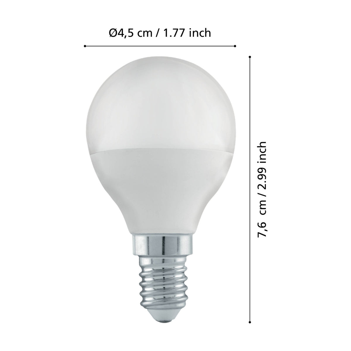 Eglo golf ball LED bulb, E14 screw cap, white glass globe, shown with dimensions Ø4.5cm/1.77in and 7.6cm/2.99in on a plain white background.