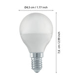 Eglo golf ball LED bulb, E14 screw cap, white glass globe, shown with dimensions Ø4.5cm/1.77in and 7.6cm/2.99in on a plain white background.