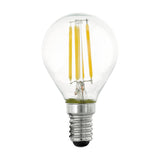 Clear glass golf ball LED bulb with E14 screw cap and visible upright filament strips, 3-step dimmable, 4.5W warm white, shown on a plain white background.