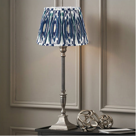 Canterbury Antique Silver Metal Table Lamp with Ocean Blue Ikat Shade