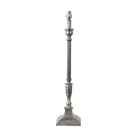 Canterbury table lamp base, 70cm, in antique silver aluminium with a fluted column, urn detail, and stepped square foot, shown on a plain white background.