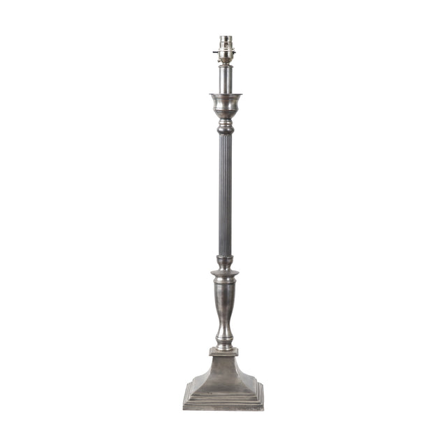 Canterbury table lamp base, 70cm, in antique silver aluminium with a fluted column, urn detail, and stepped square foot, shown on a plain white background.