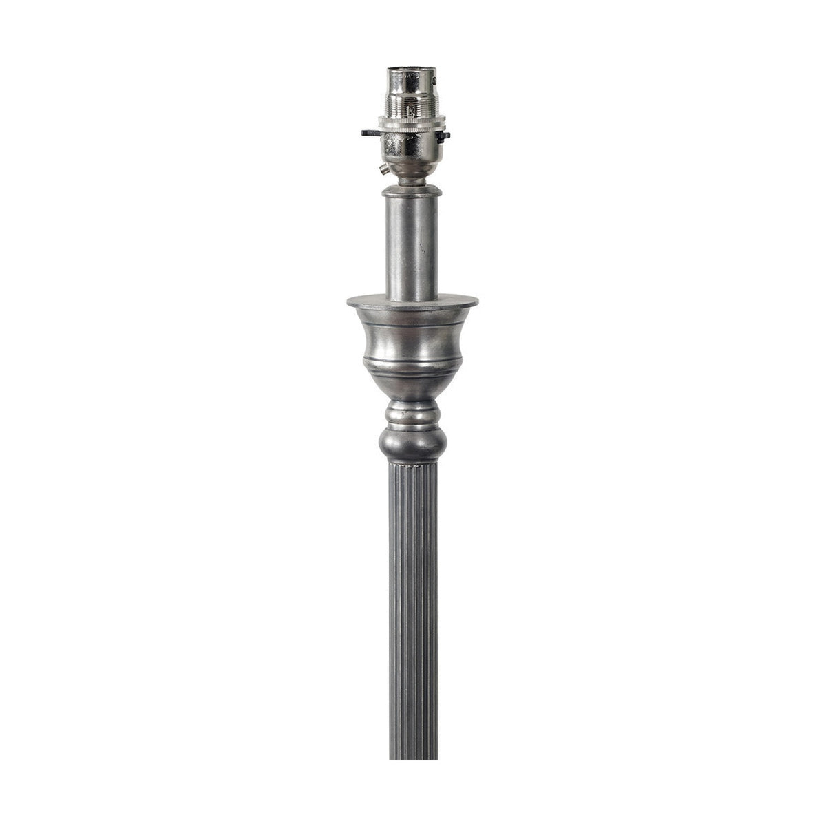 Canterbury table lamp base in antique silver aluminium, 70cm, with fluted column, urn-shaped column detail, and E27 bulb holder, shown on a plain white background.