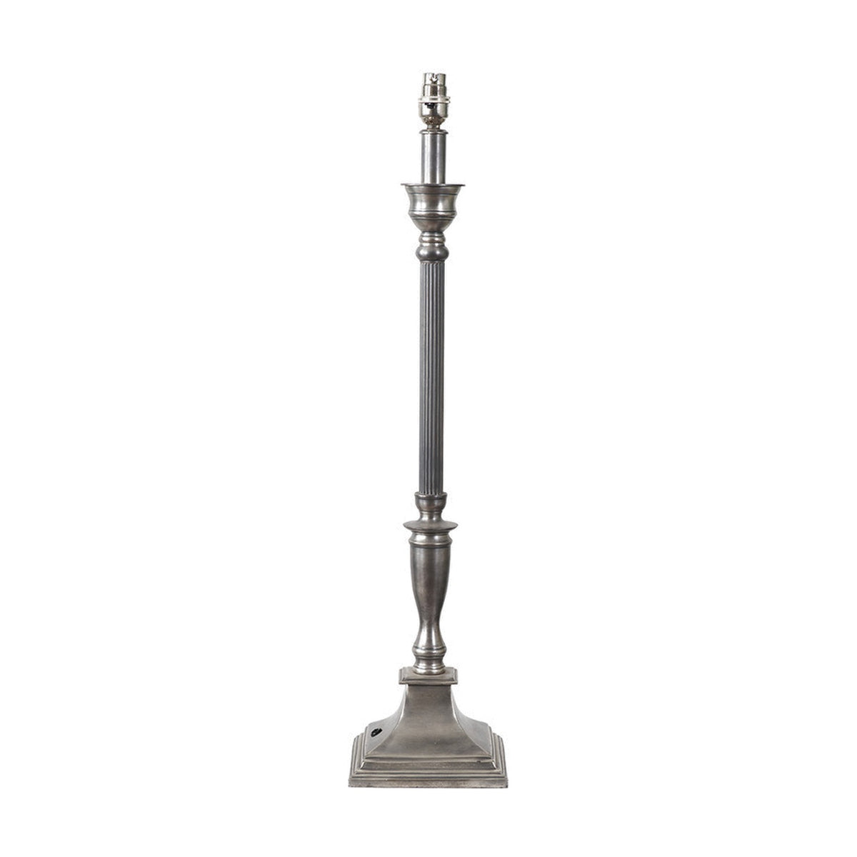 Canterbury Antique Silver Aluminium Table Lamp Base, 70cm, with fluted column, urn-shaped body, and square stepped foot, shown without shade on a plain white background.