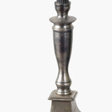 Canterbury Antique Silver Aluminium Table Lamp Base - 70cm, close-up of the turned metal column and square plinth base on a plain white background.