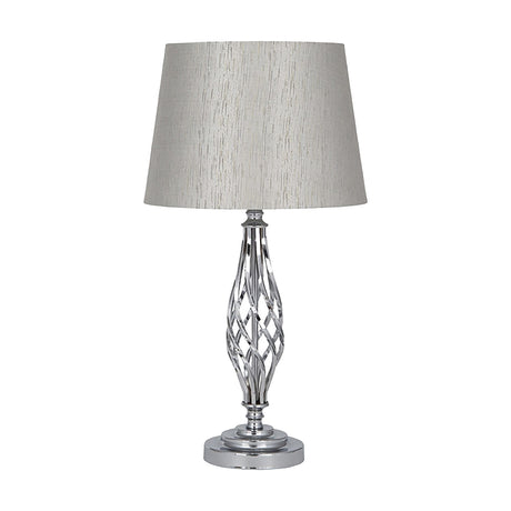 Jenna table lamp with a polished silver twist metal base and tapered fabric shade in light grey, shown against a plain white background.