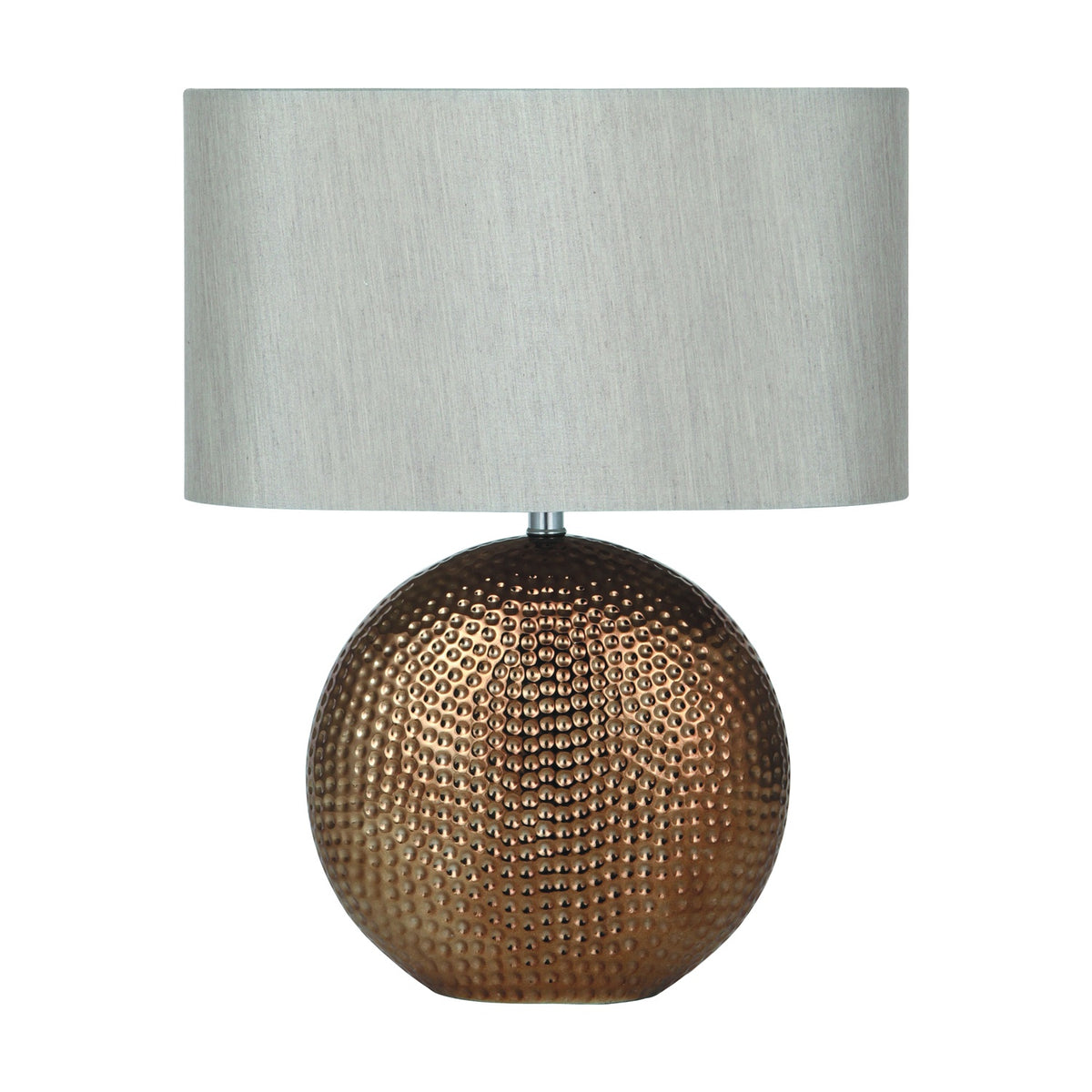 Mabel Bronze Dot Textured Ceramic Table Lamp, 40cm, with a round dimpled bronze ceramic base and oval light grey fabric shade, shown on a plain white background.