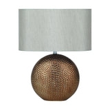Mabel Bronze Dot Textured Ceramic Table Lamp, 40cm, with a round dimpled bronze ceramic base and oval light grey fabric shade, shown on a plain white background.