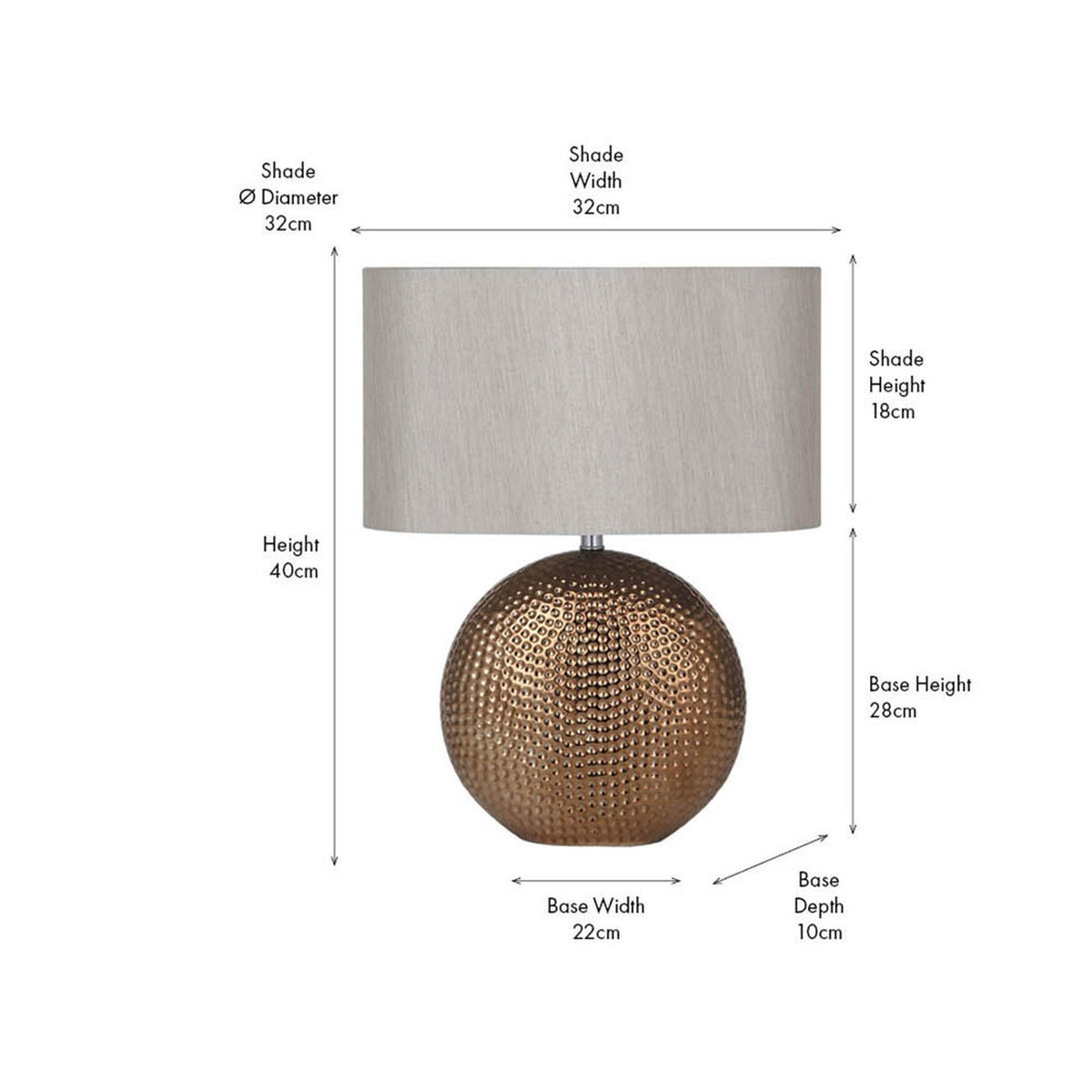 Mabel Bronze Dot Textured Ceramic Table Lamp with round hammered-effect base and oval fabric drum shade, shown with dimensions on a white background.