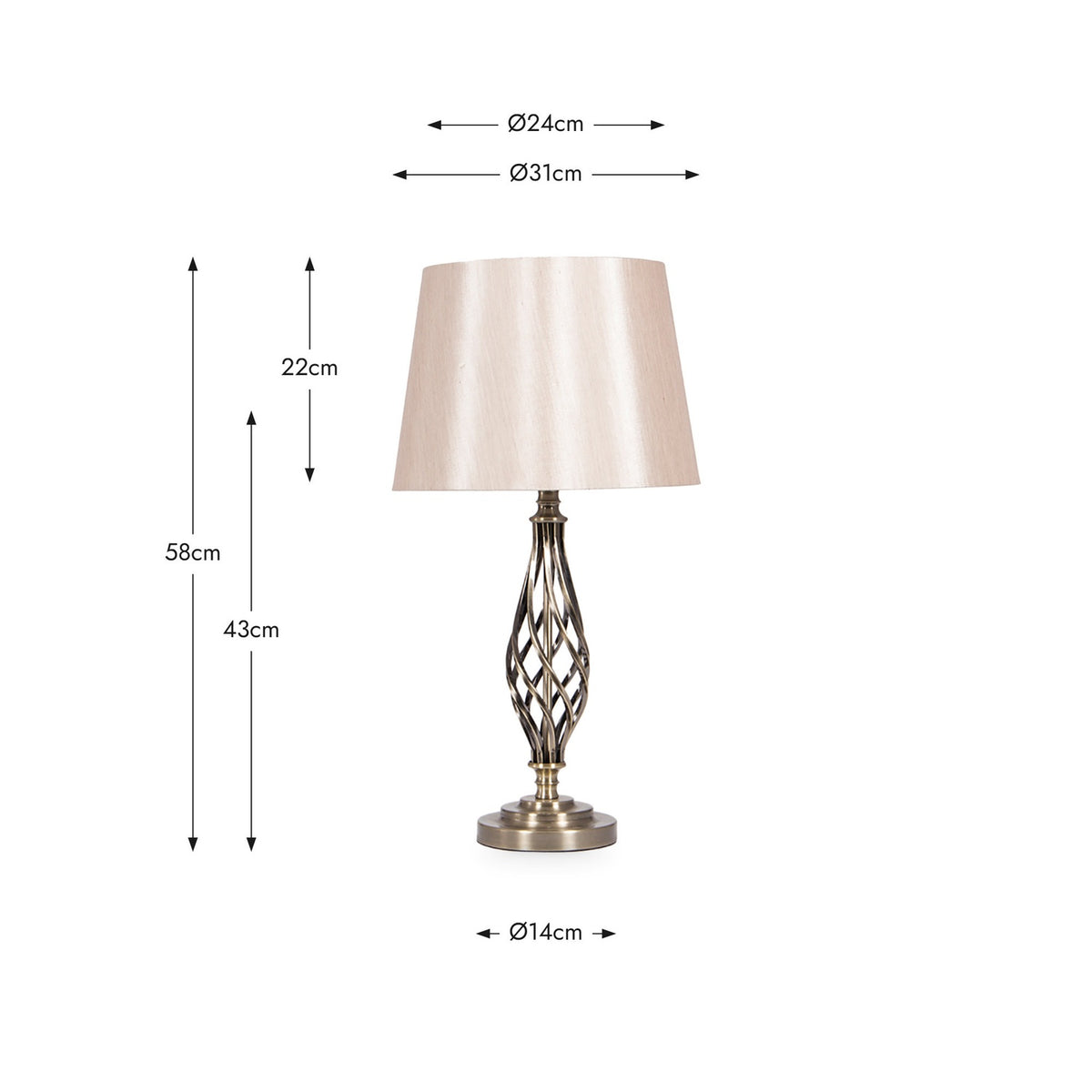 Jenna Antique Brass Gold Twist Detail Table Lamp, 58cm, with a spiral metal base and tapered fabric shade, shown with dimensions on a white background.