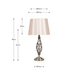 Jenna Antique Brass Gold Twist Detail Table Lamp, 58cm, with a spiral metal base and tapered fabric shade, shown with dimensions on a white background.