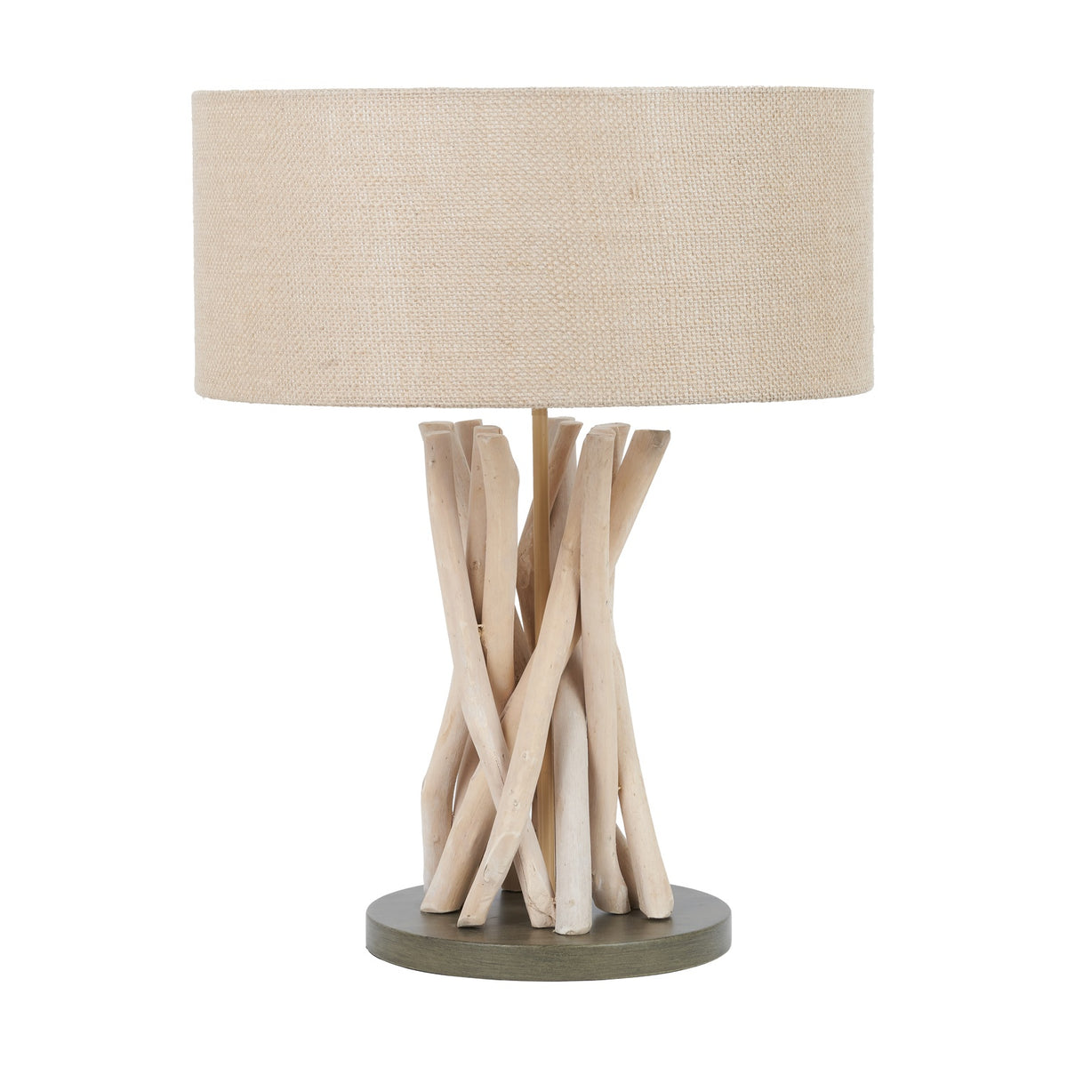 Derna Driftwood Table Lamp, 51cm, with a natural jute drum shade atop a criss-crossed natural wood branch base on a round dark stand, shown on a plain white background.