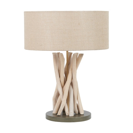 Derna Driftwood Table Lamp, 51cm, with a natural jute drum shade atop a criss-crossed natural wood branch base on a round dark stand, shown on a plain white background.