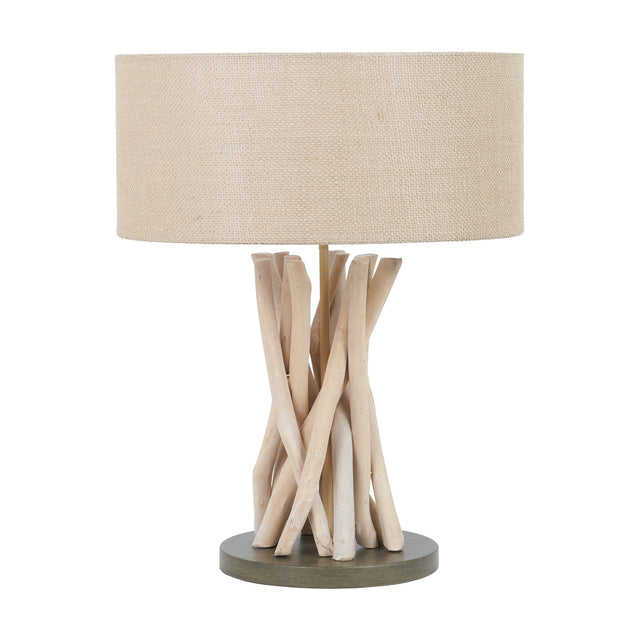Derna Driftwood Table Lamp, 51cm, with a natural jute drum shade atop a criss-crossed natural wood branch base on a round dark stand, shown on a plain white background.