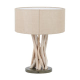 Derna Driftwood Table Lamp, 51cm, with a drum-shaped natural jute shade atop a tangled driftwood base on a round dark wood plinth, shown against a plain white background.
