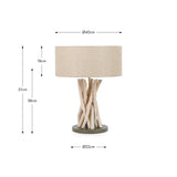 Derna Driftwood Table Lamp, 51cm, with natural jute drum shade and a base of tangled bleached driftwood pieces on a round dark stand, shown with dimensions on a white background.