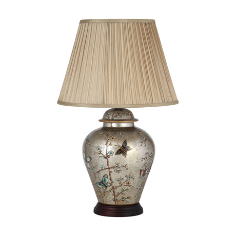 Papillon Butterfly Ceramic Table Lamp, 61cm, with gold-toned ginger jar base featuring butterfly and floral decals, pleated beige fabric shade, on a plain white background.