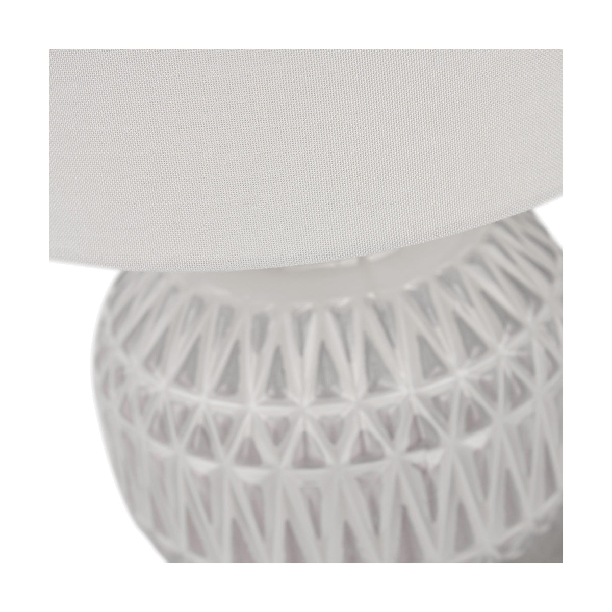 Close-up of the Anneli table lamp base showing textured white Aztec-patterned ceramic beneath a plain white fabric shade.