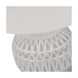 Close-up of the Anneli table lamp base showing textured white Aztec-patterned ceramic beneath a plain white fabric shade.