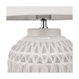 Close-up of the Anneli table lamp base showing textured Aztec-pattern white ceramic and chrome fitting beneath a white linen shade, on a plain background.